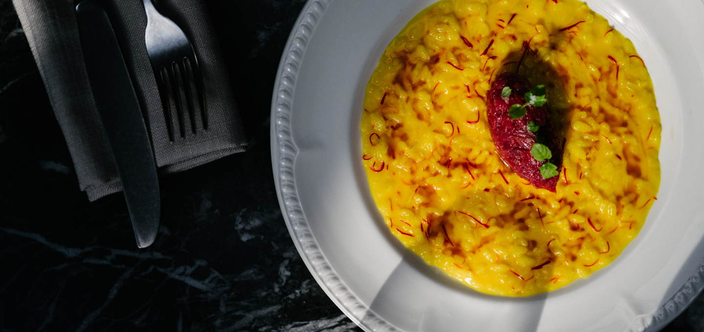 Saffron risotto served at Cherubino City Cellar wine bar in Subiaco, Perth