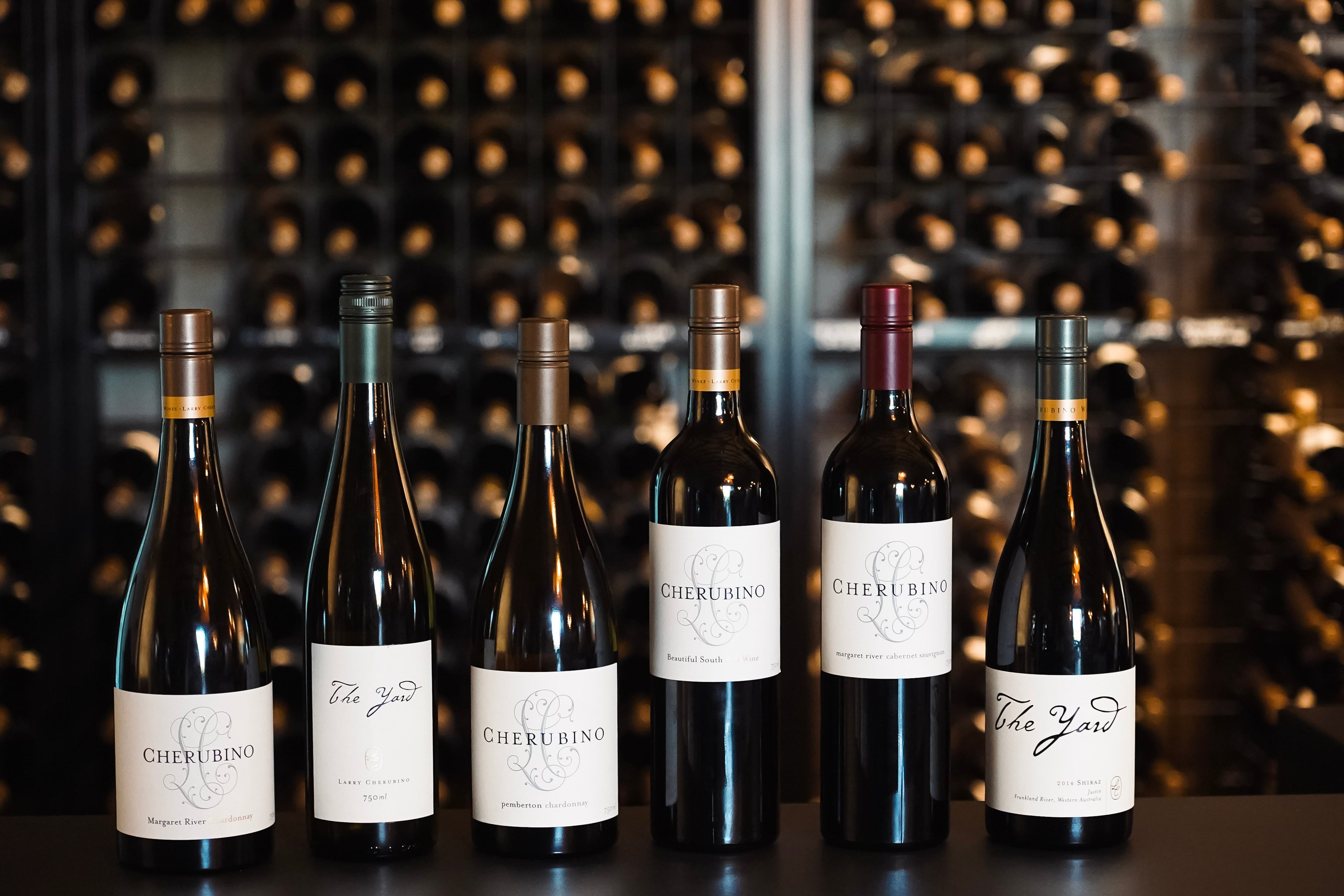Six bottles of Cherubino Wine lined up in front of a wine rack.