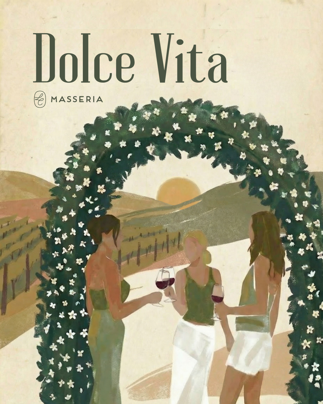 Illustration of three women under a floral arch with 'Dolce Vita' and 'Masseria' text.