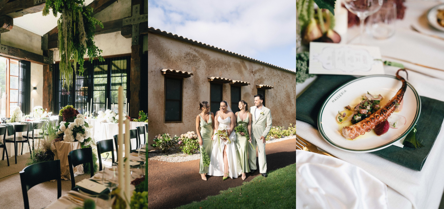 Wedding reception with floral decorations, bride and groom with guests, and plated dish.