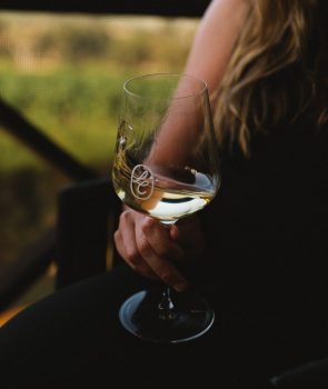 Person holding a glass of white wine with a blurred background