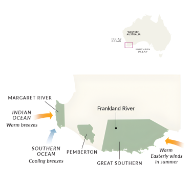 Map of Western Australia with wine regions labeled